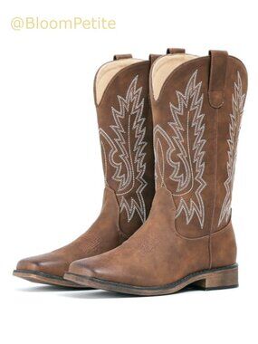 Embroidery Square Toe Mid Calf Cowgirl Western Boots Faux Leather Calf High
